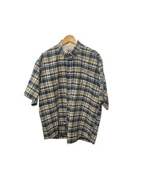 Cinch Blue Yellow Plaid Button Down Short Sleeve Shirt 100% Cotton XL